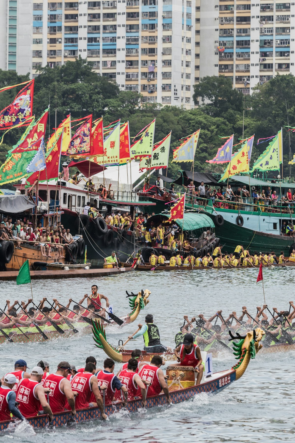 Dragon boat racing on a river with teams paddling in colorful boats